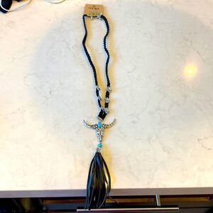 Silver color steer head brown braided suede faux turquoise stones with ear new